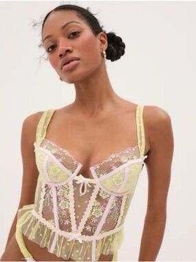For Love And Lemons Yellow and Pink Sheer Embroidered Bustier